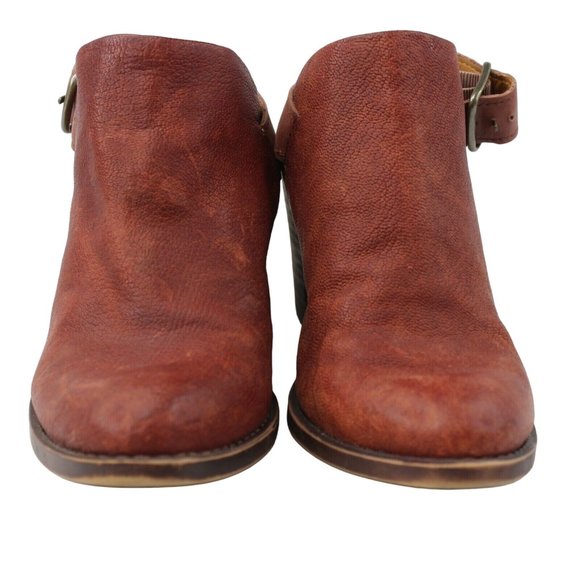 Lucky Brand Sz 6M Odenah Leather Red Rust Block Heels Bootie Peep Toe Sling Back - Picture 3 of 9
